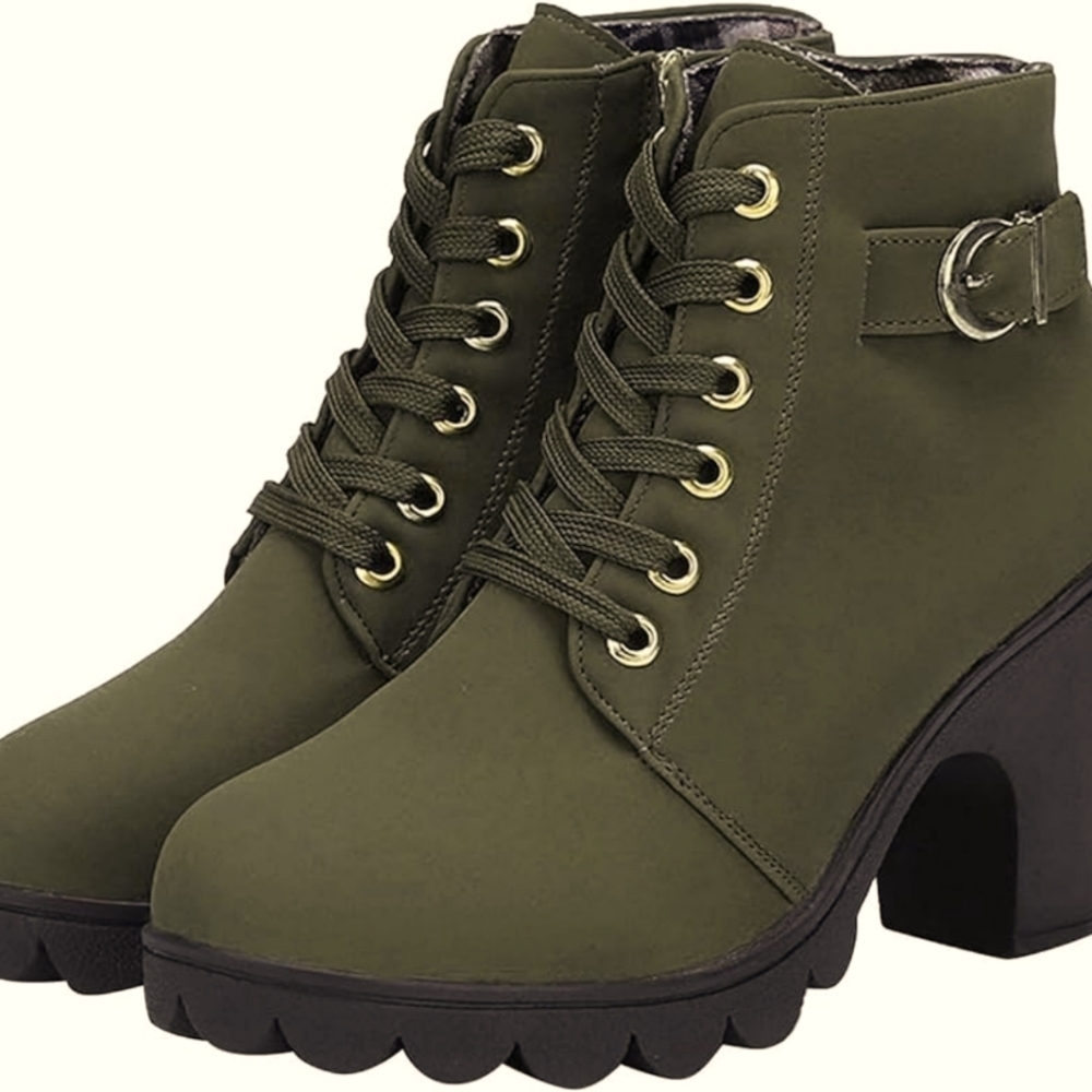 Womens Army Green Buckle-Accent Lace-Up Ankle Boots Leather